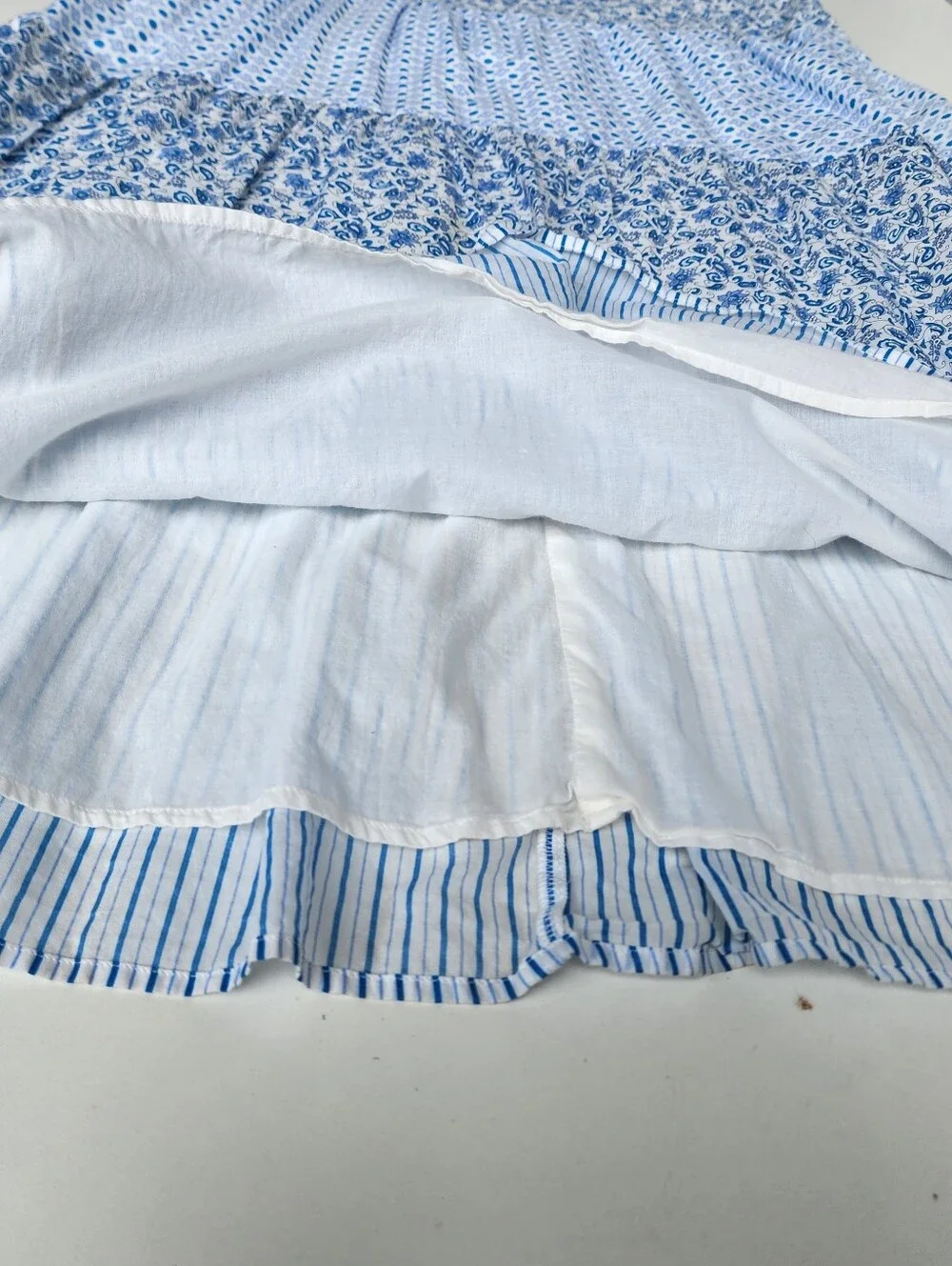 J. Crew Blue White Mixed Print Tiered Cotton Maxi Dress Paisley Striped Tie XL